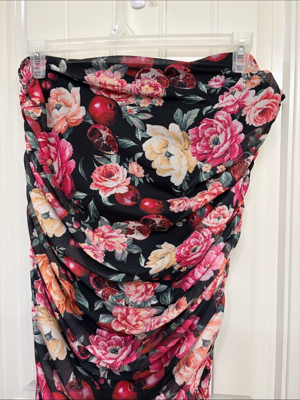 NWT Express Strapless Ruched Tube Floral Dress in Black Pink & Peach Flowers - Picture 8 of 11